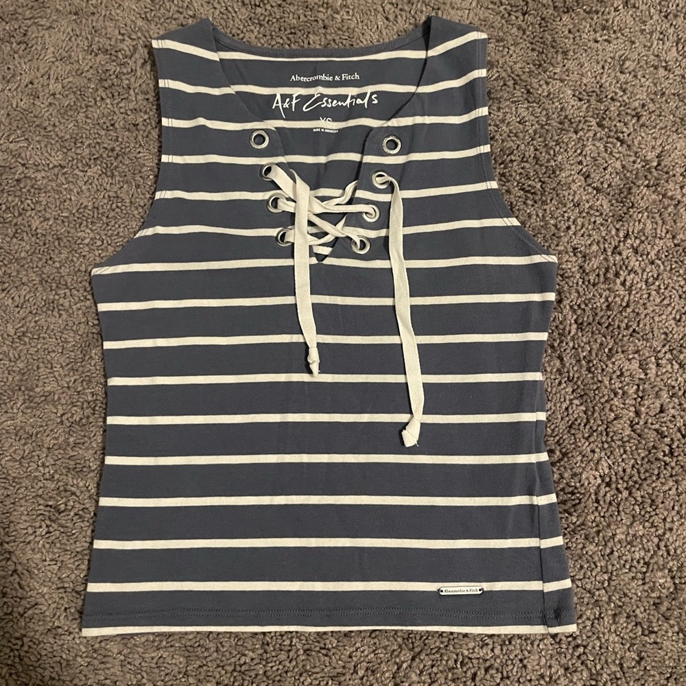 Blue and white lace up tank top